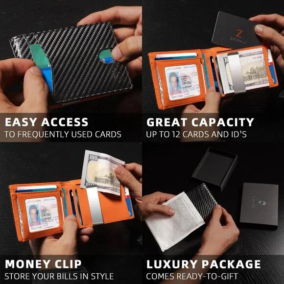 Money Clip Wallets for Men,Slim Bifold Wallet 10-12 Cards, Mens Leather Wallet w